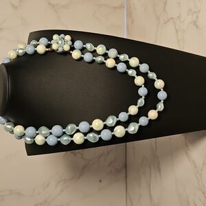 VINTAGE Blue Pearl and Cream Bead Double Strand Necklace